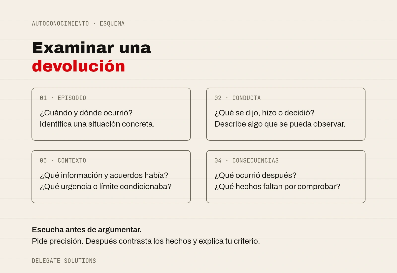 Cuatro campos para examinar feedback: episodio, conducta observable, contexto y consecuencias. Escuchar antes de argumentar y contrastar los hechos antes de concluir.