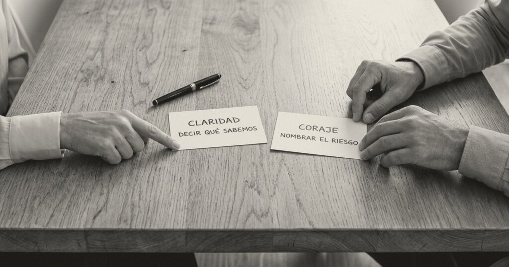 Dos personas a ambos lados de una mesa de madera con dos tarjetas: «Claridad: decir qué sabemos» y «Coraje: nombrar el riesgo».